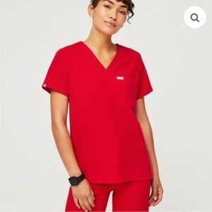 Figs Bright Red V-Neck Women's Short Sleeve Top